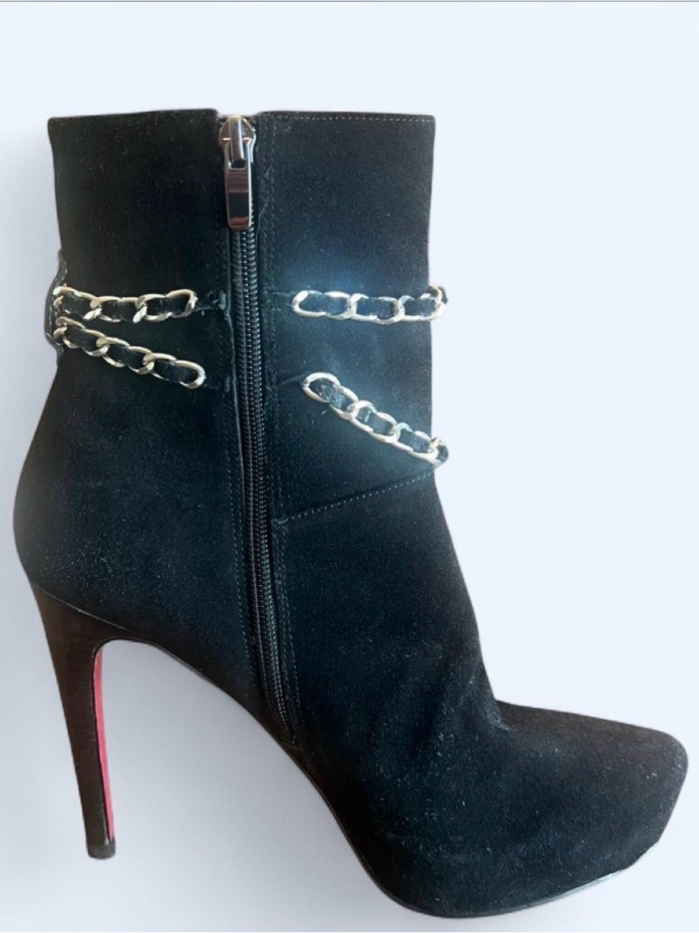 Paris Hilton Black Suede Ankle Boots with Silver Chain Detail